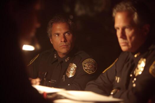 Two police officers sitting at a table with a light shining on them photo