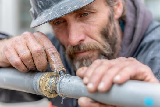 A man in a hard hat and helmet is fixing a pipe photo