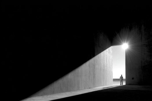 un persona en pie en el oscuro a el final de un túnel foto