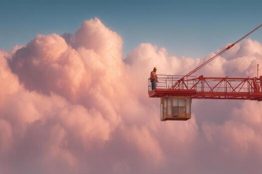 A man is standing on a red crane in the sky photo