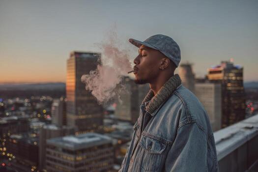 A man in a cap smoking a cigarette on a rooftop photo