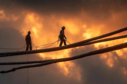 Two men walking on a wire with a sunset in the background photo