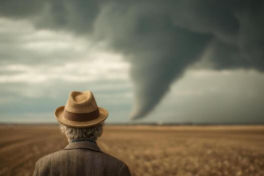 A man in a hat and suit looking at a tornado photo