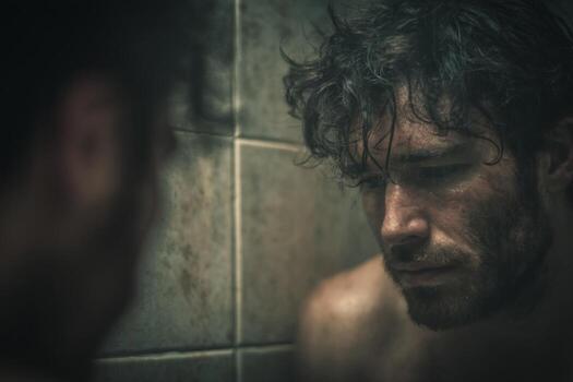 A man is looking into the mirror while standing in front of a shower photo