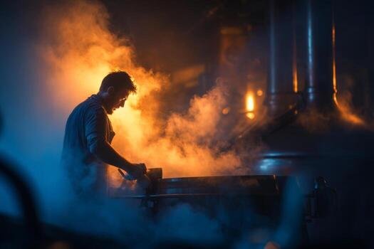 A man is working in a factory with smoke coming out of the pipes photo