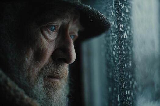 An old man looks out the window while looking out the rain photo