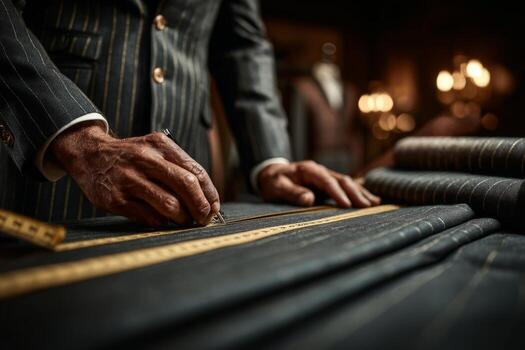 A man in a suit is cutting fabric on a table photo