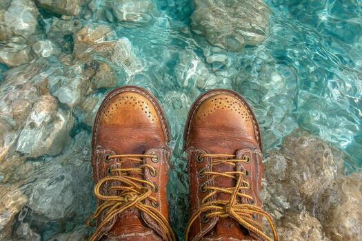 A pair of brown boots standing on the rocks photo