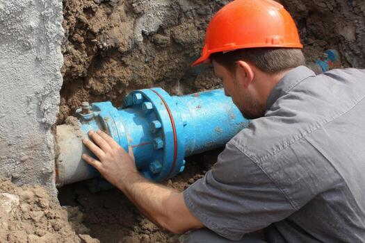 A man in a hard hat is fixing a pipe photo