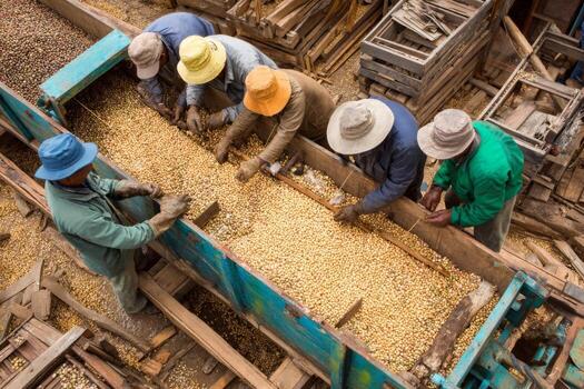 Workers sorting coffee beans at a coffee plantation photo