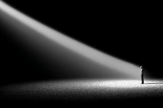 A man stands in the middle of a dark room with a spotlight shining on him photo