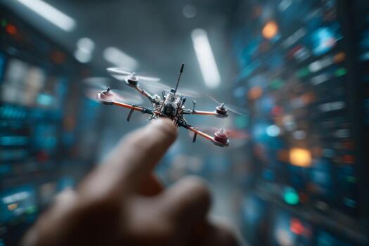 A person holding a remote control for a small drone photo