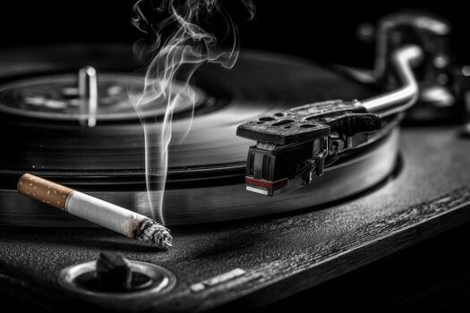 A cigarette and a record player on a turntable photo