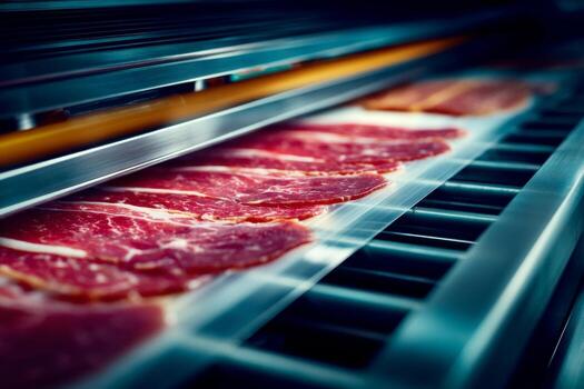 A close up of meat on a conveyor belt photo