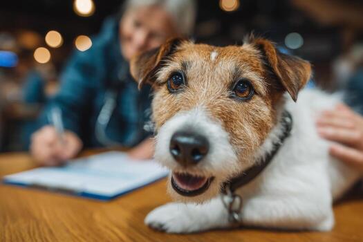 A dog sitting on a table with a woman writing on a notepad photo