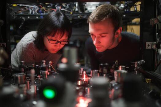 Two people looking at a light source in a lab photo