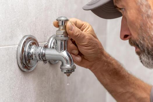 A man is fixing a faucet on a wall photo