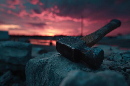 A hammer laying on top of a rock in front of a sunset photo