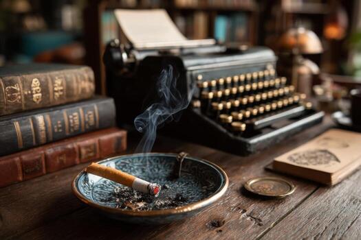 A typewriter, a cigarette and a book on a table photo