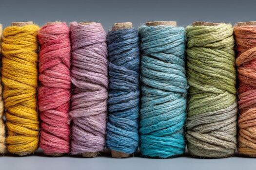 A row of colorful yarn spools photo