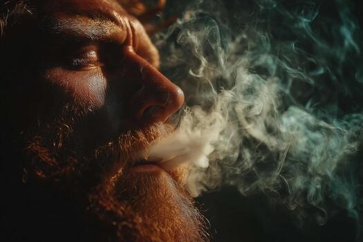 A man with a beard and a red beard is smoking photo