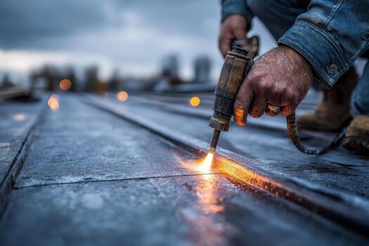 A man is using a torch to heat up a metal roof photo