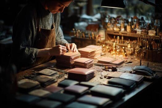 A woman is working on leather in a workshop photo