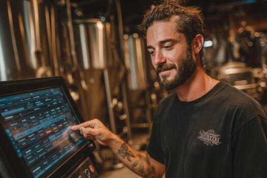 A man is using a tablet to control a beer machine photo
