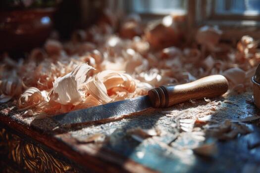 A knife and a piece of wood on a table photo