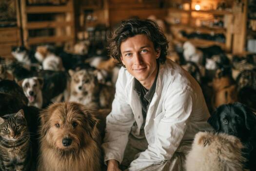A man sitting in front of a group of dogs photo
