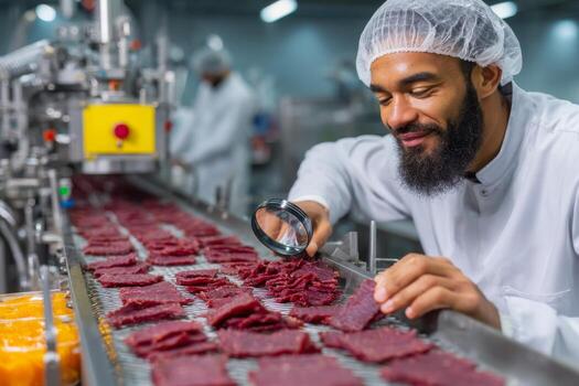 A man in a white coat is working on a meat production line photo