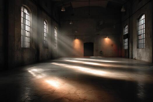 An empty room with sunlight streaming through the windows photo