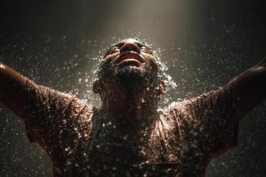 A man is standing under a spray of water photo