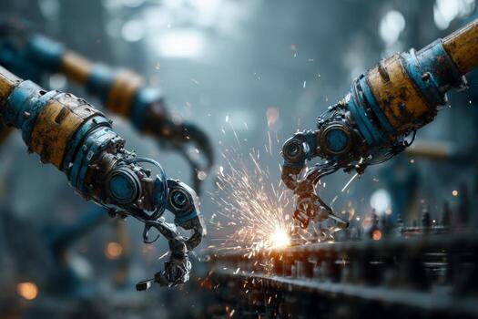 Two robots welding metal in an industrial setting photo