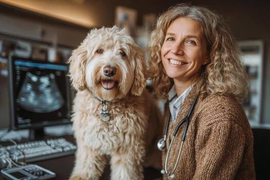 A woman with a dog sitting in front of a computer photo