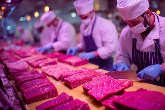 Meat workers in a meat factory photo