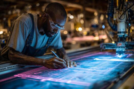 A man working on a computer in a factory photo
