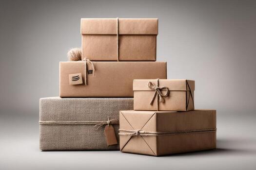 Three brown boxes with brown paper and string photo