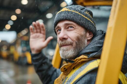 A man in a beanie and hat waves to the camera photo