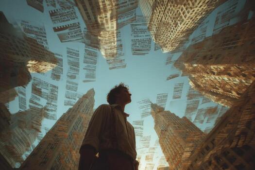 A man standing in front of a city with many buildings photo
