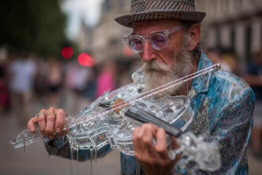 un hombre con lentes y un sombrero jugando un violín foto