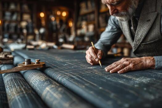 An old man working on a piece of fabric photo