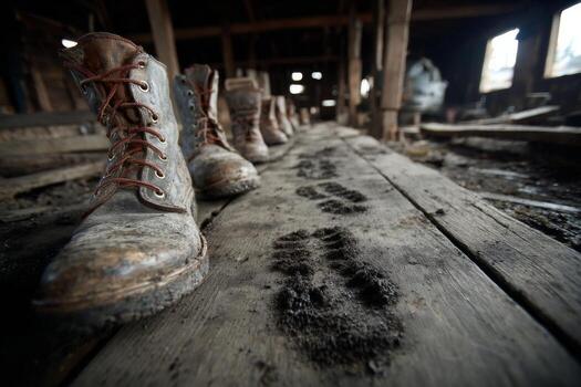 A row of boots on a wooden floor photo