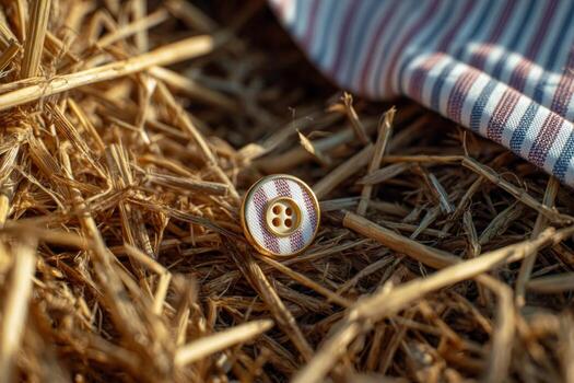 A pin with a striped button on top of straw photo