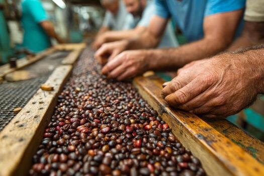 Coffee beans being sorted at a factory photo
