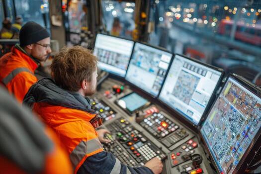 Two men in orange vests working on a computer photo