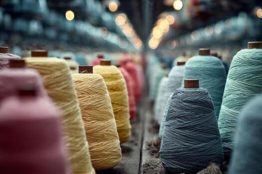 Many spools of yarn are lined up in a factory photo