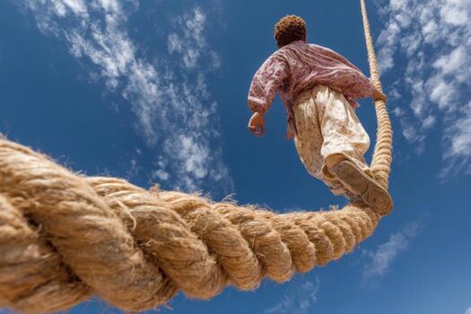 un chico caminando en un cuerda con un azul cielo en el antecedentes foto