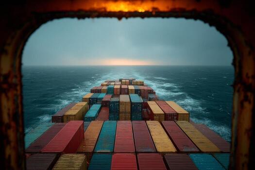 A view of a container ship from the back of a boat photo