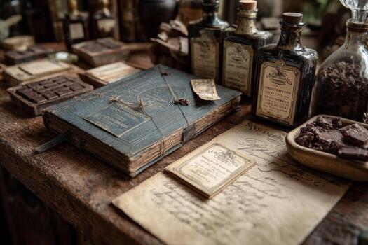 A table with old bottles and other items on it photo